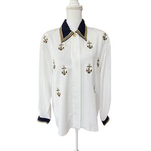 TESS Women's Nautical Anchor Print Long Sleeve Button Up Shirt Trim Size 14 VTG